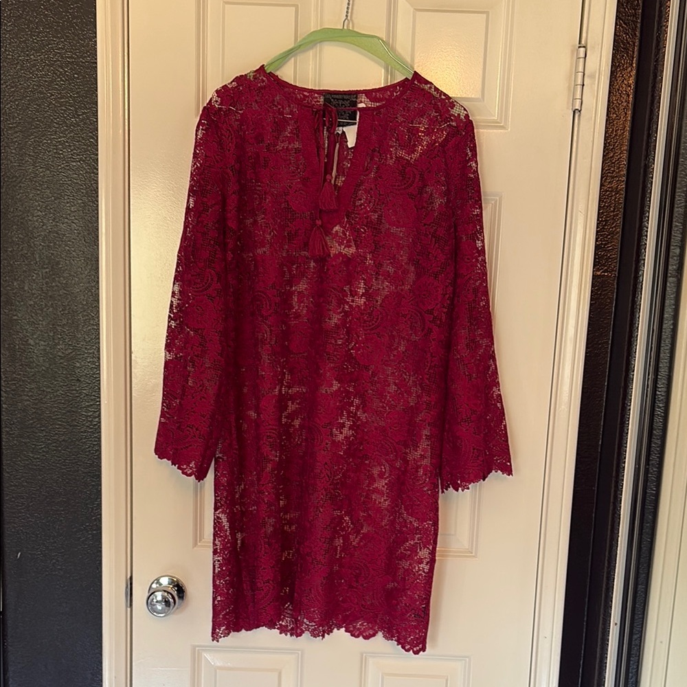 Johnny Was Jade burgundy Red Lace Top mini dress anthro hippie boho ribbon tie